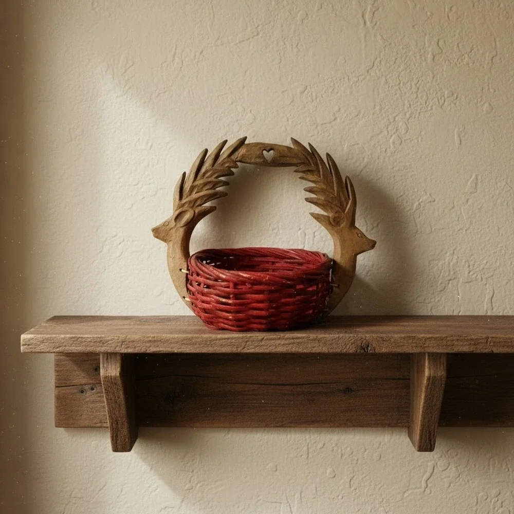 Vintage Hand Carved Wood Deer Handle Red Wicker Basket Rustic Folk Art 15x12x8.5